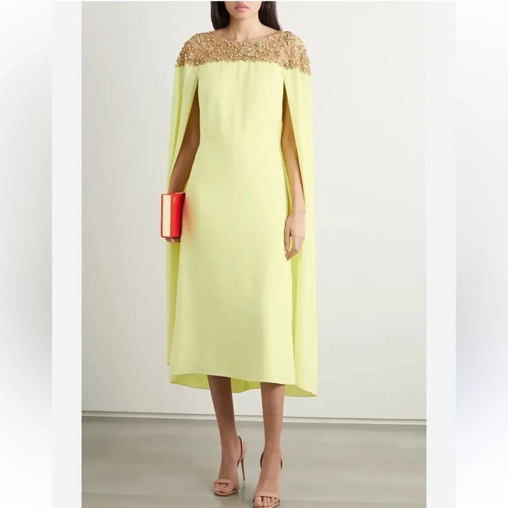 Marchesa Notte Yellow cape dress midi Gold Embellishments tulle evening $1700 4